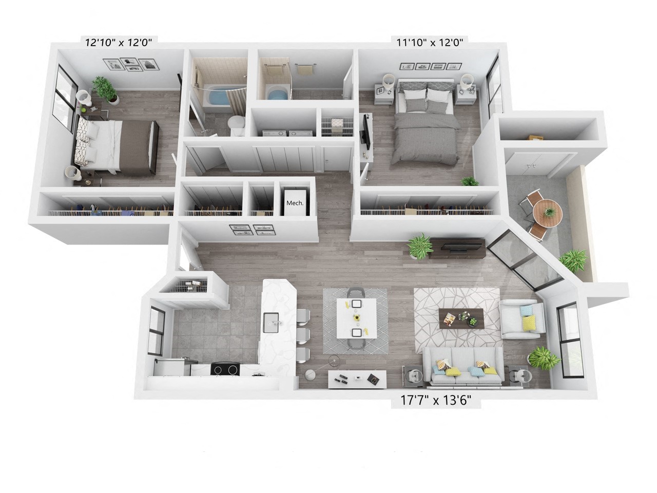 Floor plan for 2 beds, 2 baths, 1144 sqft